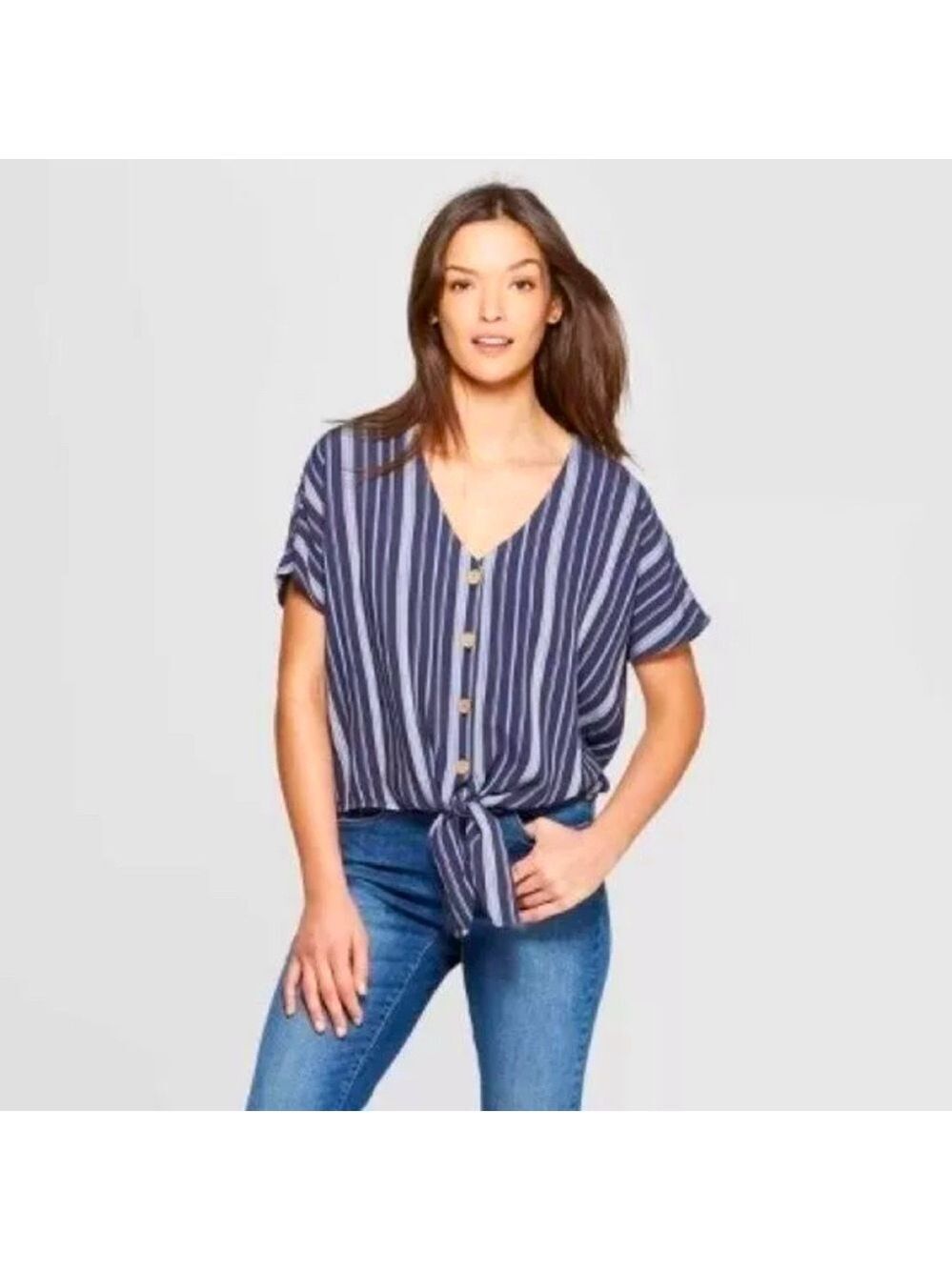 NWOT Universal Thread Striped Button Up Tie Waist  Cap Sleeve Top Shirt - Size M